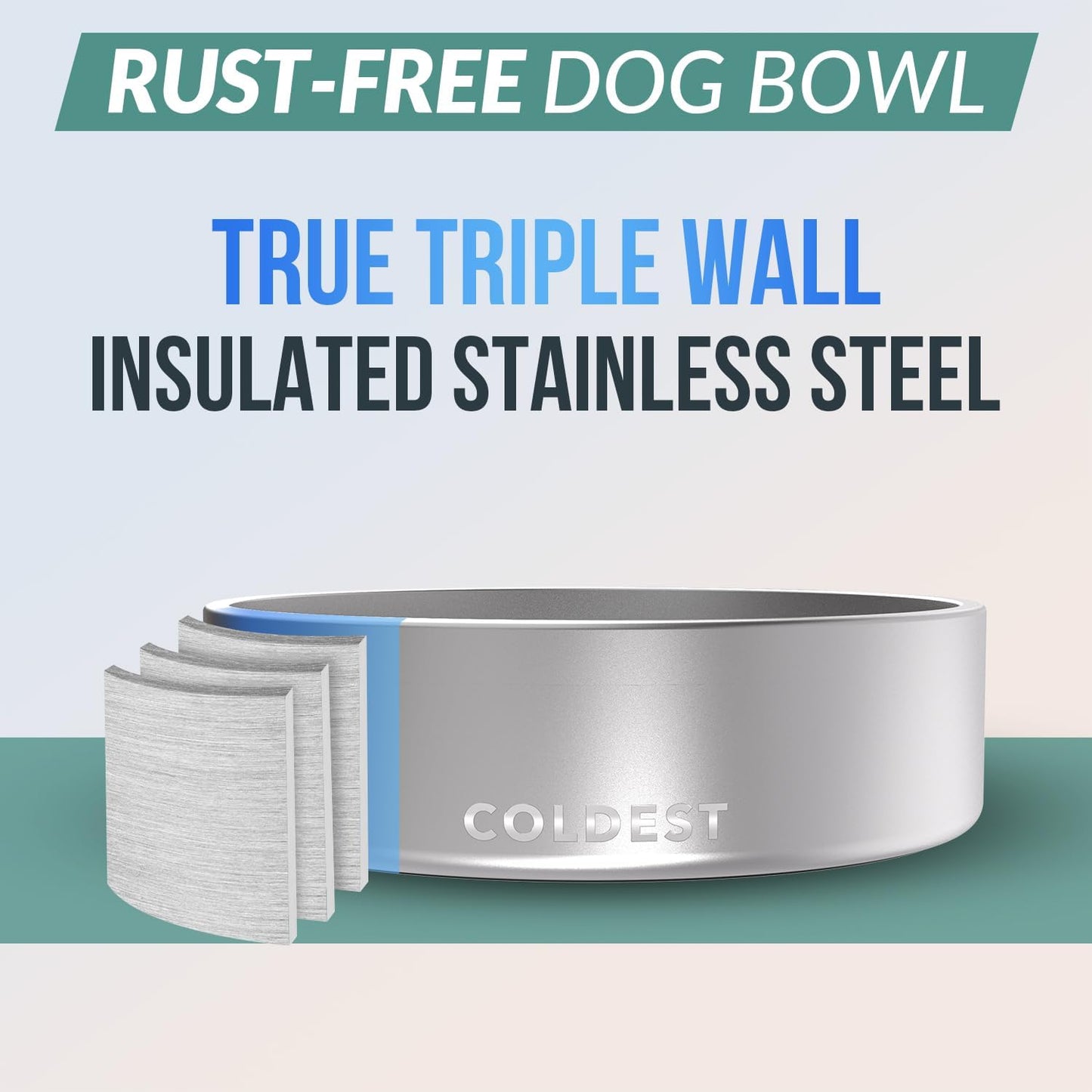 Coldest Dog Bowl - Anti Rust Metal, Non Slip, 3 Layers Insulated Stainless Steel Dog Bowls - Spill Proof & Heavy Duty - Water Bowl for Dogs, Cats, Dish Washer Safe (42 oz, Polished Stainless Steel)