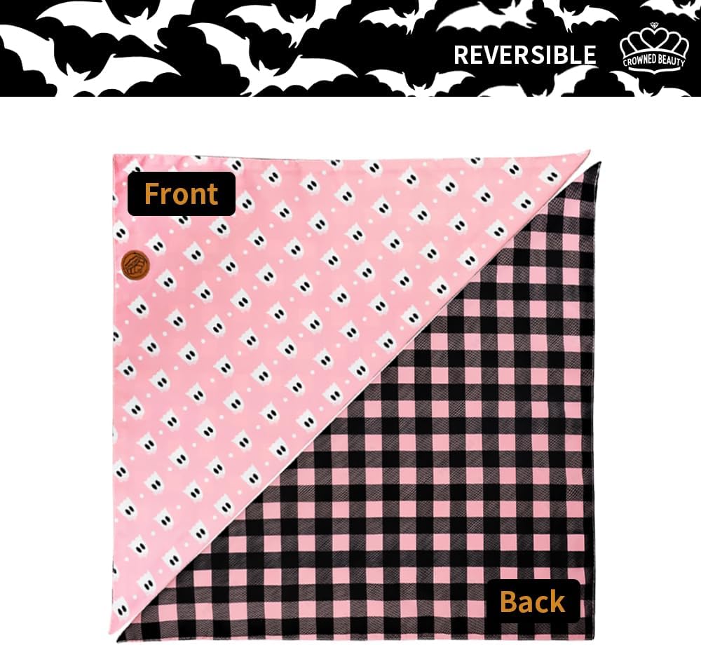 CROWNED BEAUTY Halloween Dog Bandanas Reversible Large 2 Pack, Ghost Bat Set, Buffalo Plaid Polka Dots Adjustable Triangle Scarves for Medium Large Extra Large Dogs Girl Boy Pets (Pink) DB76-L