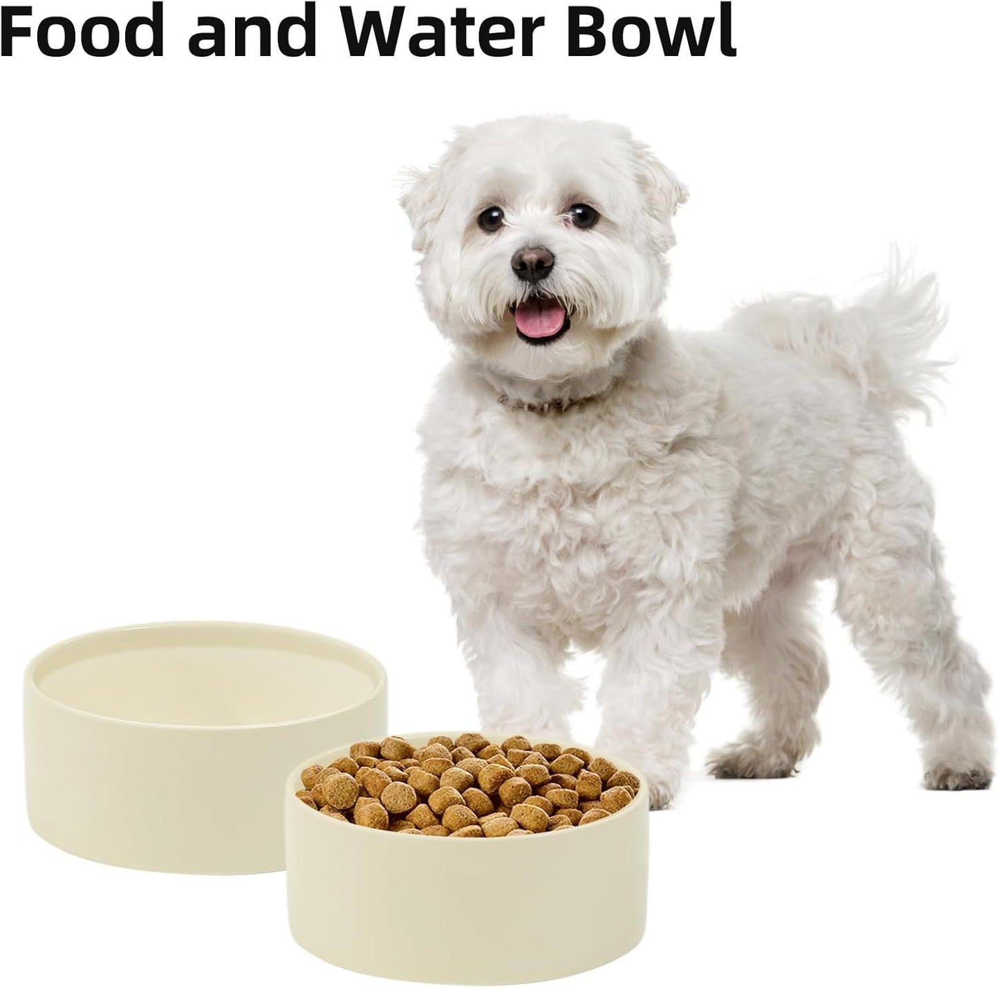 Ceramic 6.1inch Dog Bowls for Small and Medium Breed Dog Dish Pet Food and Water Bowl (Set of 2 Bowls - Beige, 28oz)