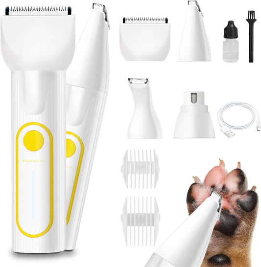 Dog Clippers Grooming Kit, 4-in-1 Electric Cordless Low-Noise Dog Paw Trimmer, Shave, Nail Trimmer and Nail Grinder Suitable for Small and Medium-Sized Pet (White)