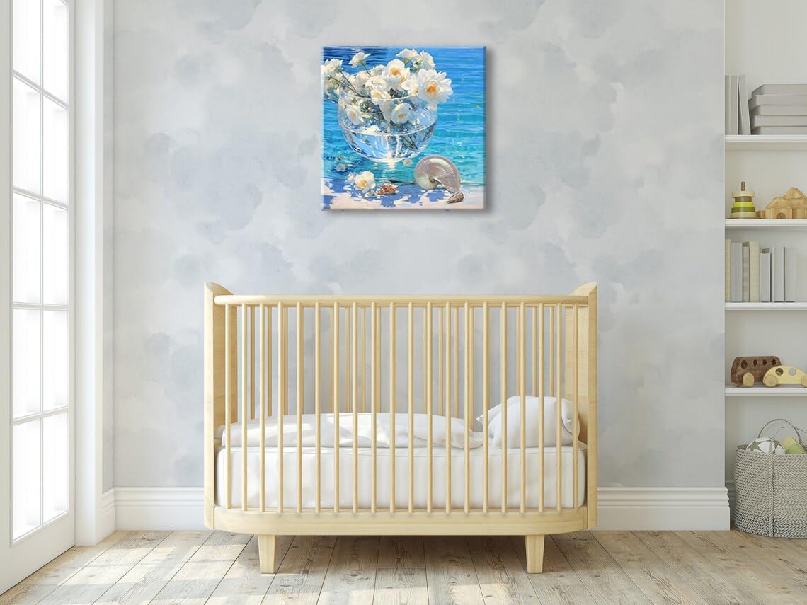 weiyiart Canvas Wall Art Beach White Flower Décor Wall Picture Blue Coastal Canvas Print Ocean Nautical Painting Seascape Vintage Artwork for Seaside Living Room Bedroom Bathroom Decor 14x14 inch