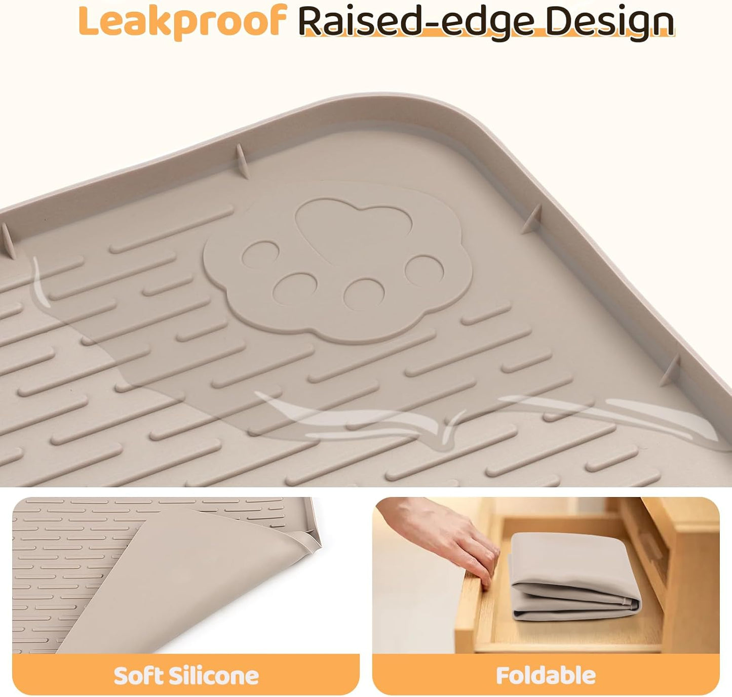 Dog Food Mat, Extra Large 50" x 35" Silicone Pet Feeding Mat with Raised Edge Pet Placemat for Small, Medium, and Large Pets Non-Slip, Easy to Clean (Khaki)