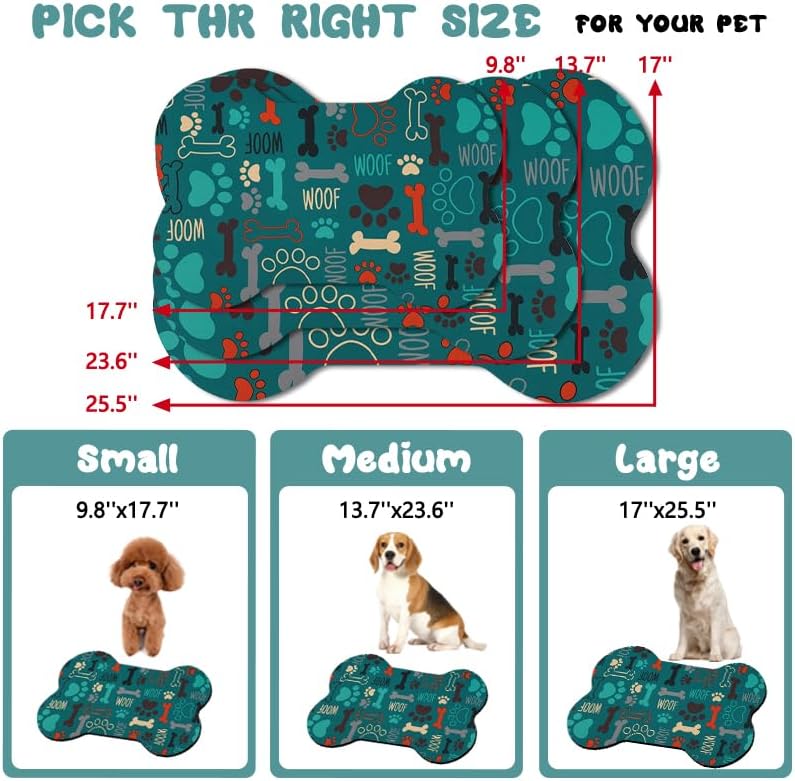 Dog Food Mats for Floors Waterproof, Pet Feeding Absorbent Water Bowl Mat Cat Placemats Green Bone Shape 25.5 * 17 inch
