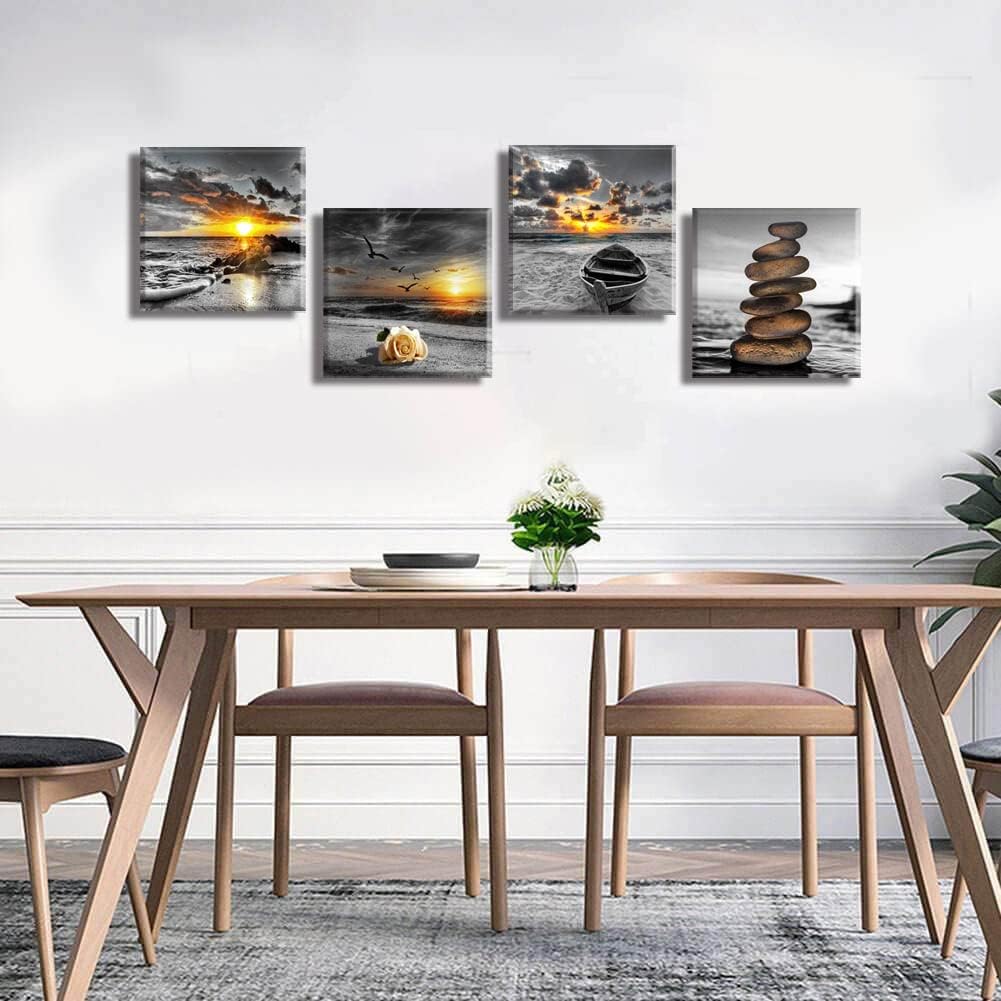 Yxbhhym Black and White Gold Beach Wall Art Ocean Canvas Seascape Prints Posters Zen Wall Decor Sea Sunrise Scenery Wall Pictures Coastal Paintings for bathroom Wall Art Framed -12"x12"inches x 4 pcs
