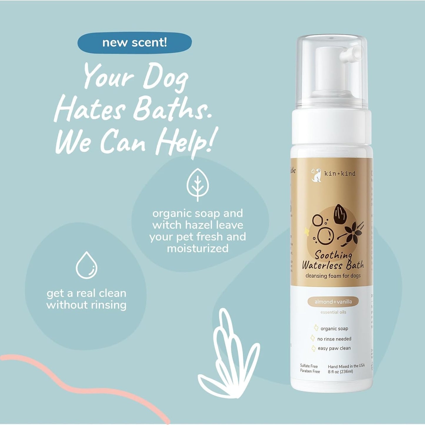 kin+Kind Dry Shampoo and Deodorizing Spray Bundle- Waterless Dog Shampoo & Pet Odor Eliminator Deodorizing Spray - Almond+Vanilla