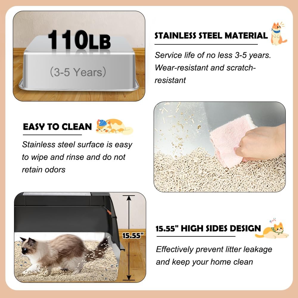 Vivifying Stainless Steel Litter Box, XL Side Entry Extra Large Litter Box with Lid for Big Cats & Kitty, Removable Enclosed Metal Cat Pan with High Sided Enclosure, Scoop, Mat, Footboard (Black)