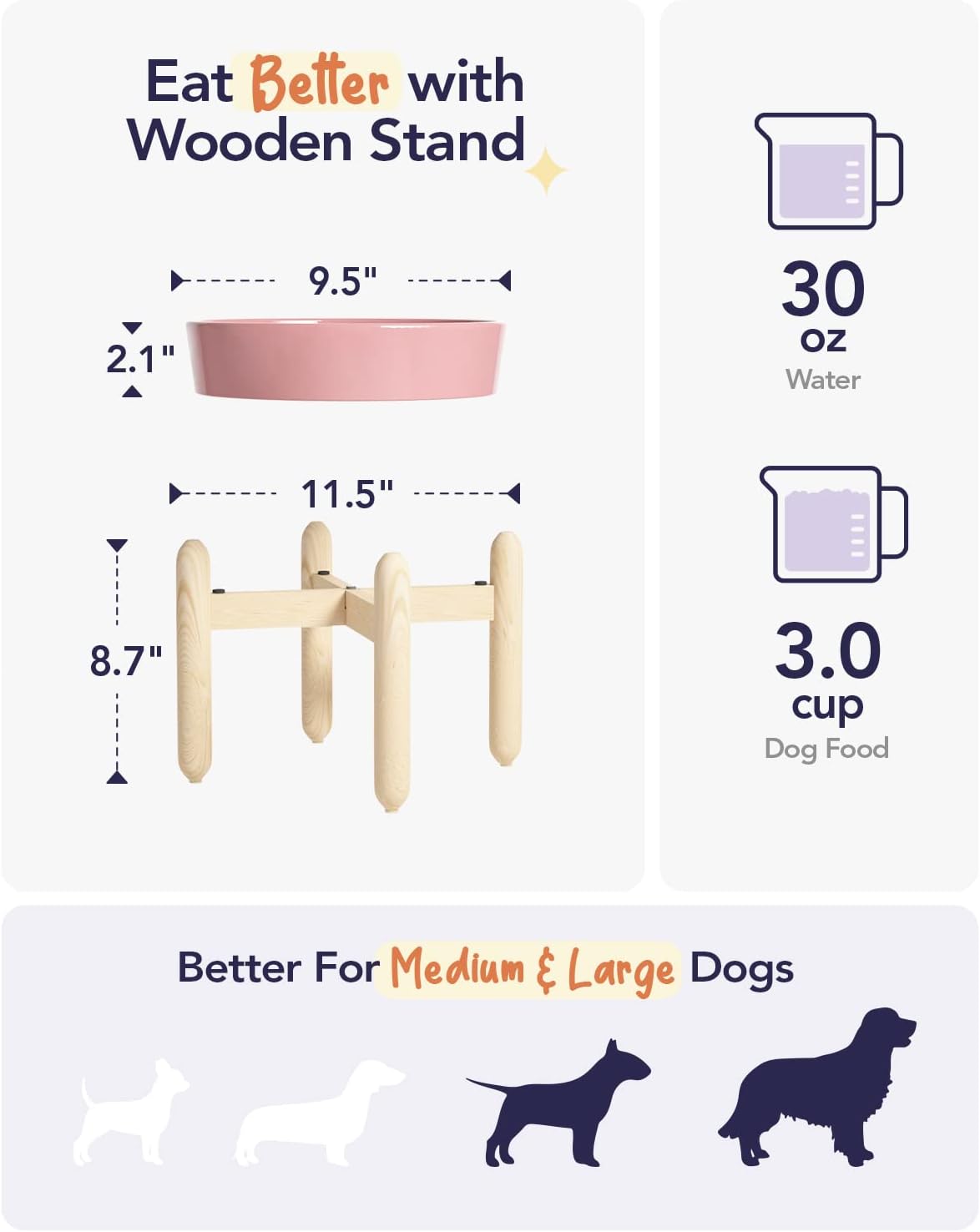LE TAUCI Ceramic Slow Feeder Dog Bowls Elevated, 3 Cup Raised Bowl with Wooden Stand for Medium Large Breed, Slow Down Eating, Puzzle Dog Food Bowl, Pink Bloom