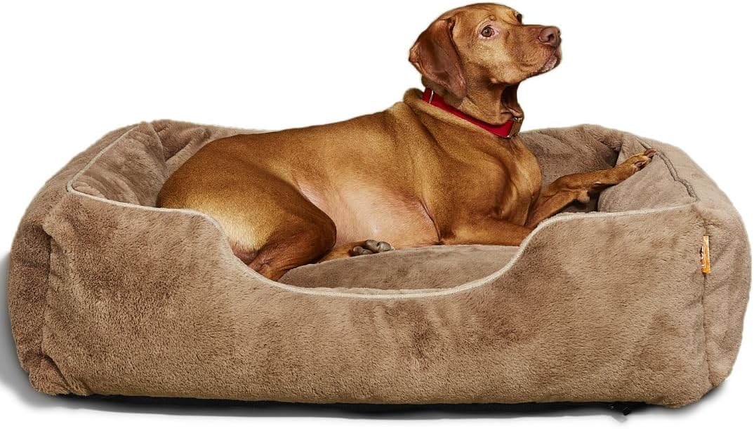 FUZI Luxury Aesthetic Dog Bed for Large Dogs with Washable Cover, Pet Couch, Pet Bed with Sides, Non-Slip Bottom, Soft and Durable Calming Dog Bed, Faux Rabbit Fur, Large 31.75x23.6x9.5 Light Brown