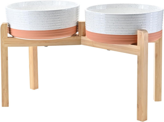 SPUNKYJUNKY Elevated Dog Bowls Ceramic, 8.3'' Dogs Food Water Bowls Raised with Non-Slip Bamboo Stand for Large Sized Breed Microwave Dishwasher Safe - 60 OZ,Pattern White