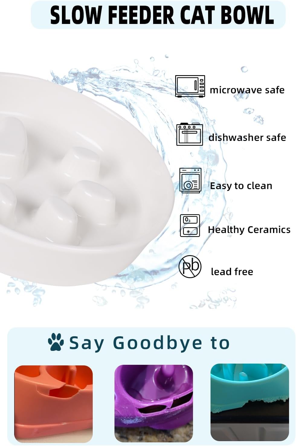 Slow Feeder Cat Bowls, Ceramic Fun Slow Eater Bowl for Cats (White)