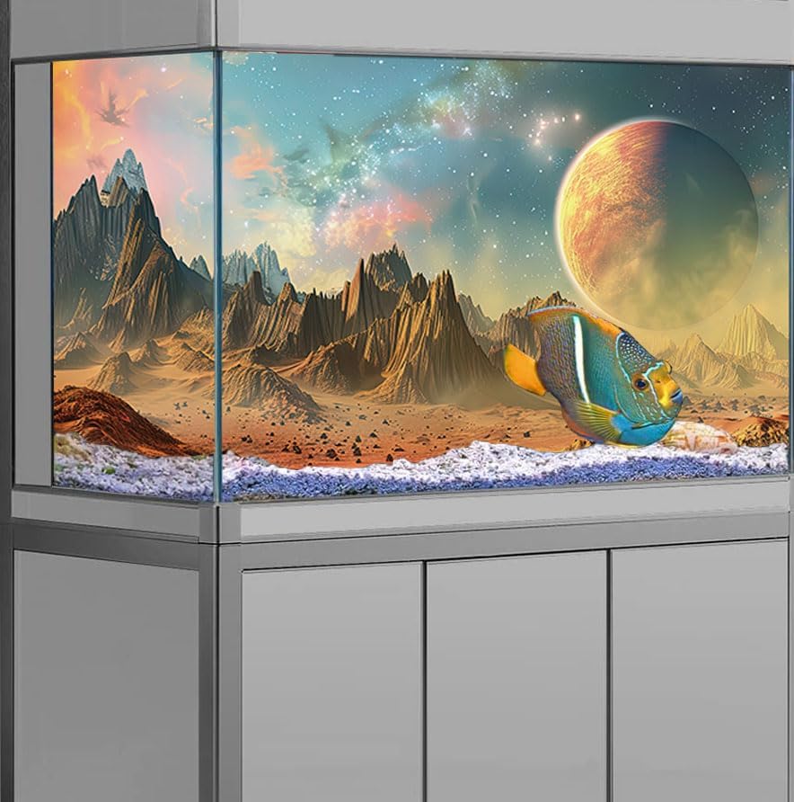 Cosmic Aquarium Background,Cool Galaxy Parallel Space Themed Fish Tank Background, Tropical Desert Terrarium Background 48X24IN with 8 EVA Double-Sided Tape