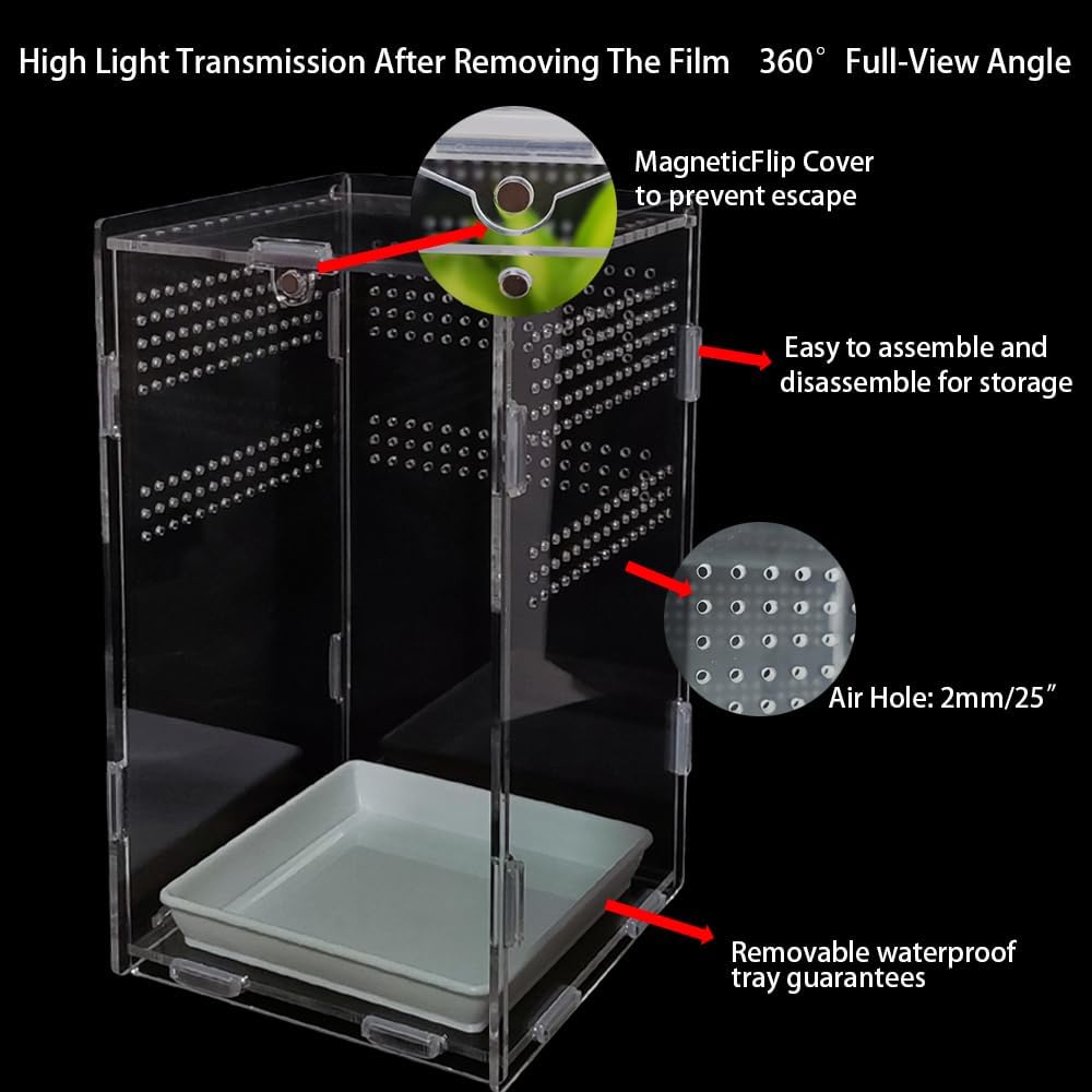 Acrylic Jumping Spider Enclosure,Reptile Enclosure,Bug Habitat, for Small Tree Dwelling Reptiles,Arboreal Tarantula Enclosure, Spider Terrarium Kit,Plastic Terrarium(4.7" X 4.7" X 8")