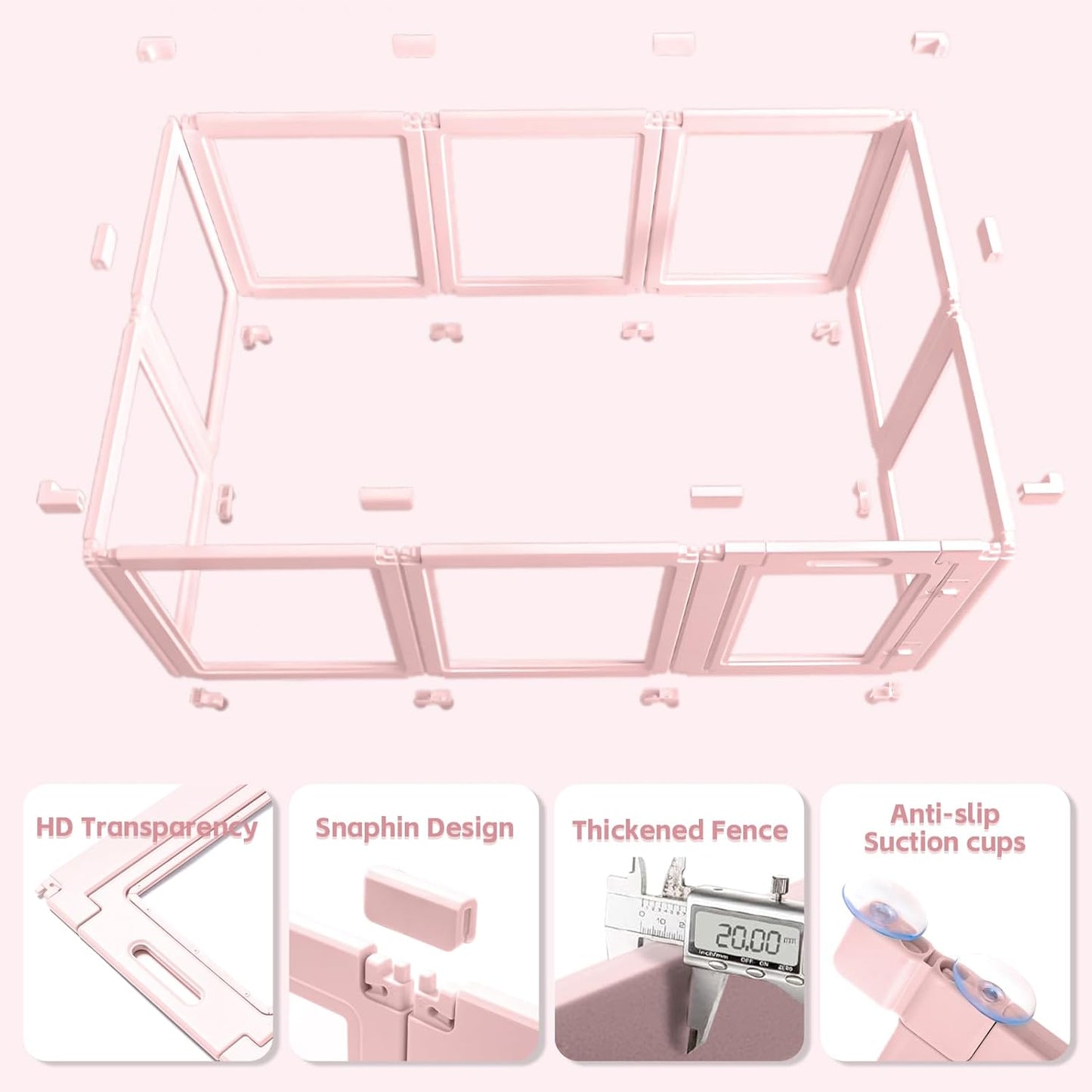 DIY Clear Acrylic Dog Playpen House,Quick Easy Assembly and Disassembly,Strong Floor Suction,Indoor and Outdoor Use,Easy Cleansing Puppy Fence (Skin Pink, 23.6" H, 10PCS)
