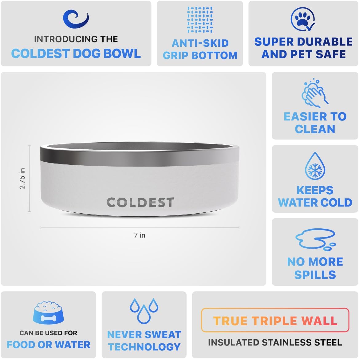 Coldest Dog Bowl - Anti Rust Metal, Non Slip, 3 Layers Insulated Stainless Steel Dog Bowls - Spill Proof & Heavy Duty - Water Bowl for Dogs, Cats & Pets, Dish Washer Safe (42 oz, Epic White)