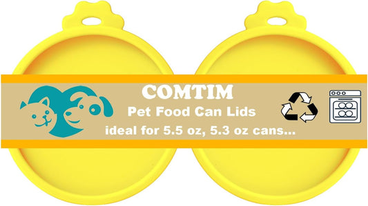 Comtim Cat Food Can Covers Lids for 5.5 oz Cans, 2 Pack Silicone Cat Food Can Lids for 5.5 oz 5.3 oz Cans...Pet Food Can Covers Reusable Can Toppers Savers for Wet Food (Yellow)