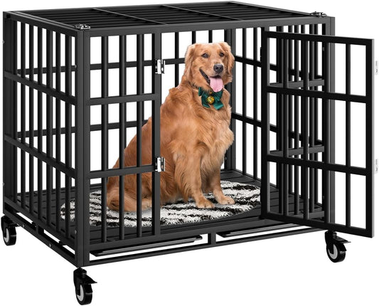 38 Inch Heavy Duty Dog Crate with Wheels,Indestructible Escape-Proof Dog Kennel with Locking Latch and Double Door,Extra Large XL XXL Crate Indoor for Large and Medium Dog with Removable Tray