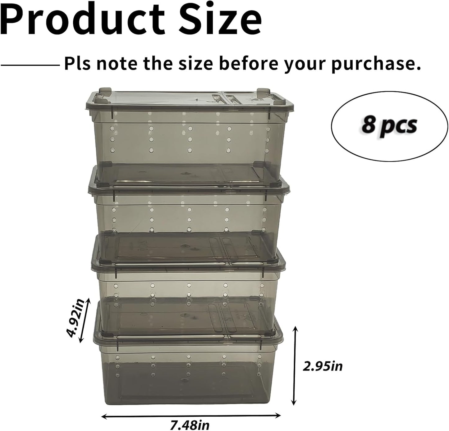 PINVNBY 8 PCS Reptile Feeding Box Portable Snake Breeding Box Lizard Cage Hatching Container 7.48"x4.92"x2.95" Transparent Plastic Pet Houses for Spider Scorpion Gecko Insect Tortoise Treefrog(Black)