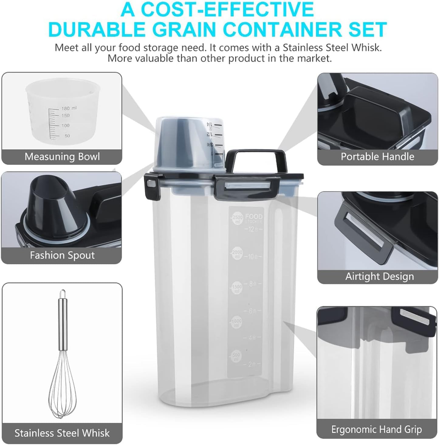 Rice Airtight Dry Food Storage Containers, BPA Free Plastic Storage Bin Dispenser with Pourable Spout, Measuring cup for Cereal, Flour and Baking Supplies, Include a Stainless Steel Whisk