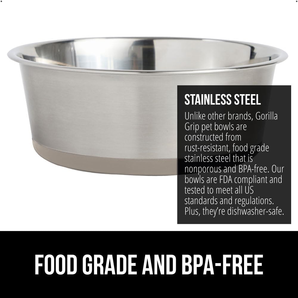 GORILLA GRIP Set of 2 Dog Bowls, Holds 8 Cups (64 fl oz), Heavy Duty Metal Food and Water Bowl for Feeding Dogs and Cats, Dishwasher Safe, Rust Resistant Stainless Steel, BPA Free Rubber Base, Beige
