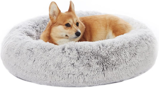 Bedfolks Calming Donut Dog Bed, 30 Inches Round Fluffy Dog Beds for Medium Dogs, Anti-Anxiety Plush Dog Bed, Machine Washable Pet Bed (Light Grey, Medium)