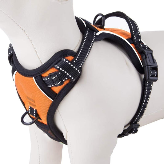 PHOEPET Reflective Dog Harness No Pull Large Breed Vest with 2 Metal Leash Attachment Hooks(XL, Orange)