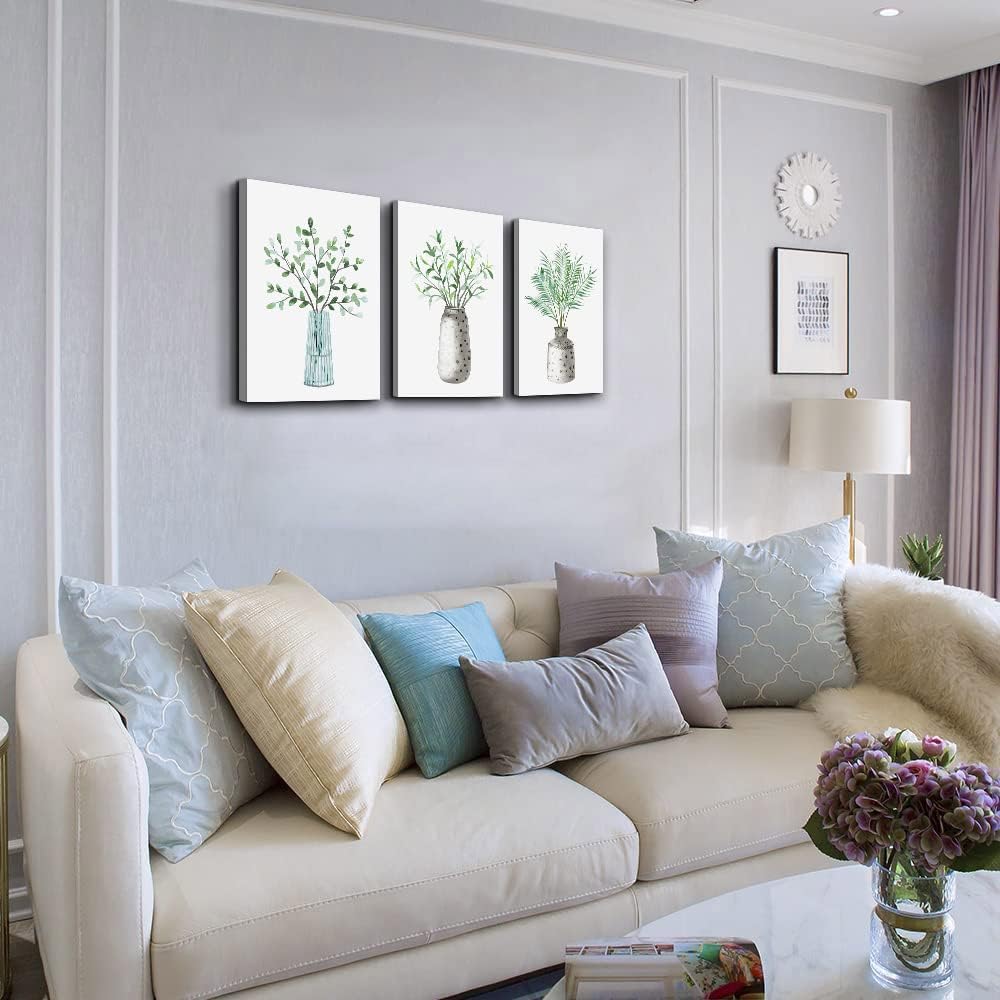 AHUASJART Canvas Wall Art Paintings For Kitchen Dining Room Large Size Wall Decor For Living Room Bedroom Wall Decoration Office Decor Green Leaf Vase Wall Pictures Artwork For Home Walls 3 Piece