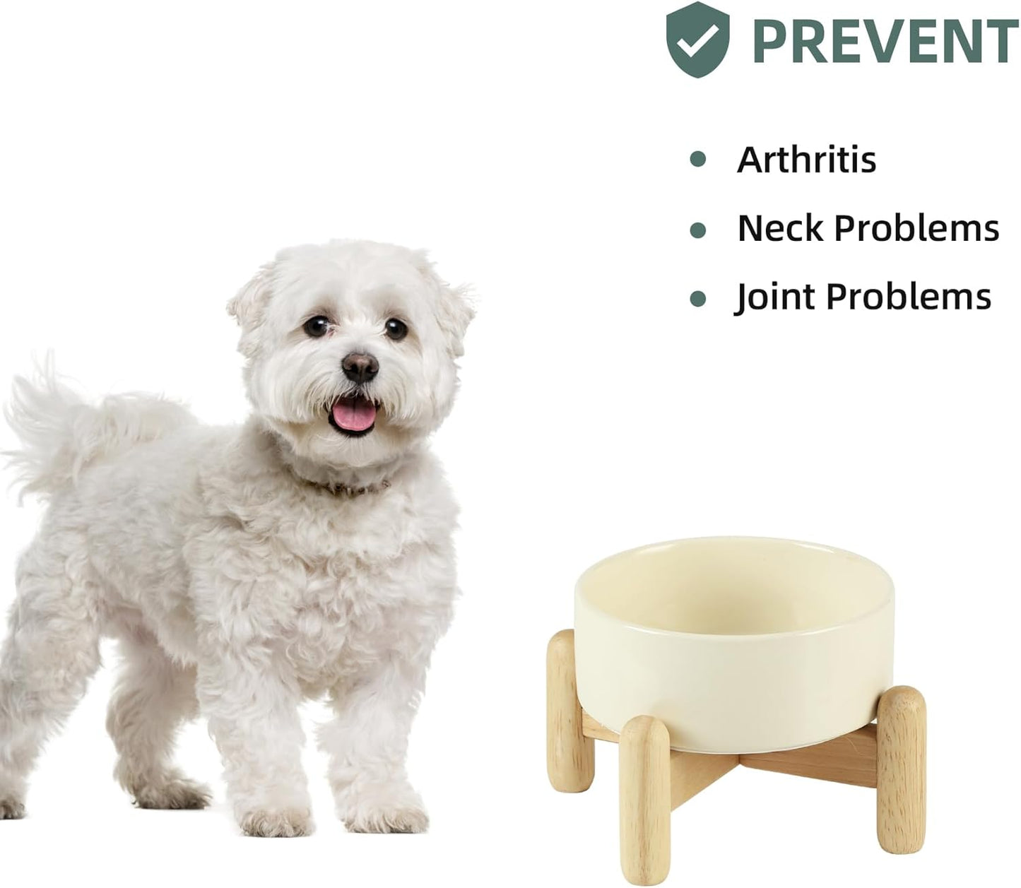 Ceramic 5.1inch Raised Dog and Cat Bowl Set, Elevated with Wooden Stand, Food and Water Bowl for Small Breed Dogs, Cats, Kitty, Weighted Dog Dishes, Pet Bowls(13.5oz, Beige)