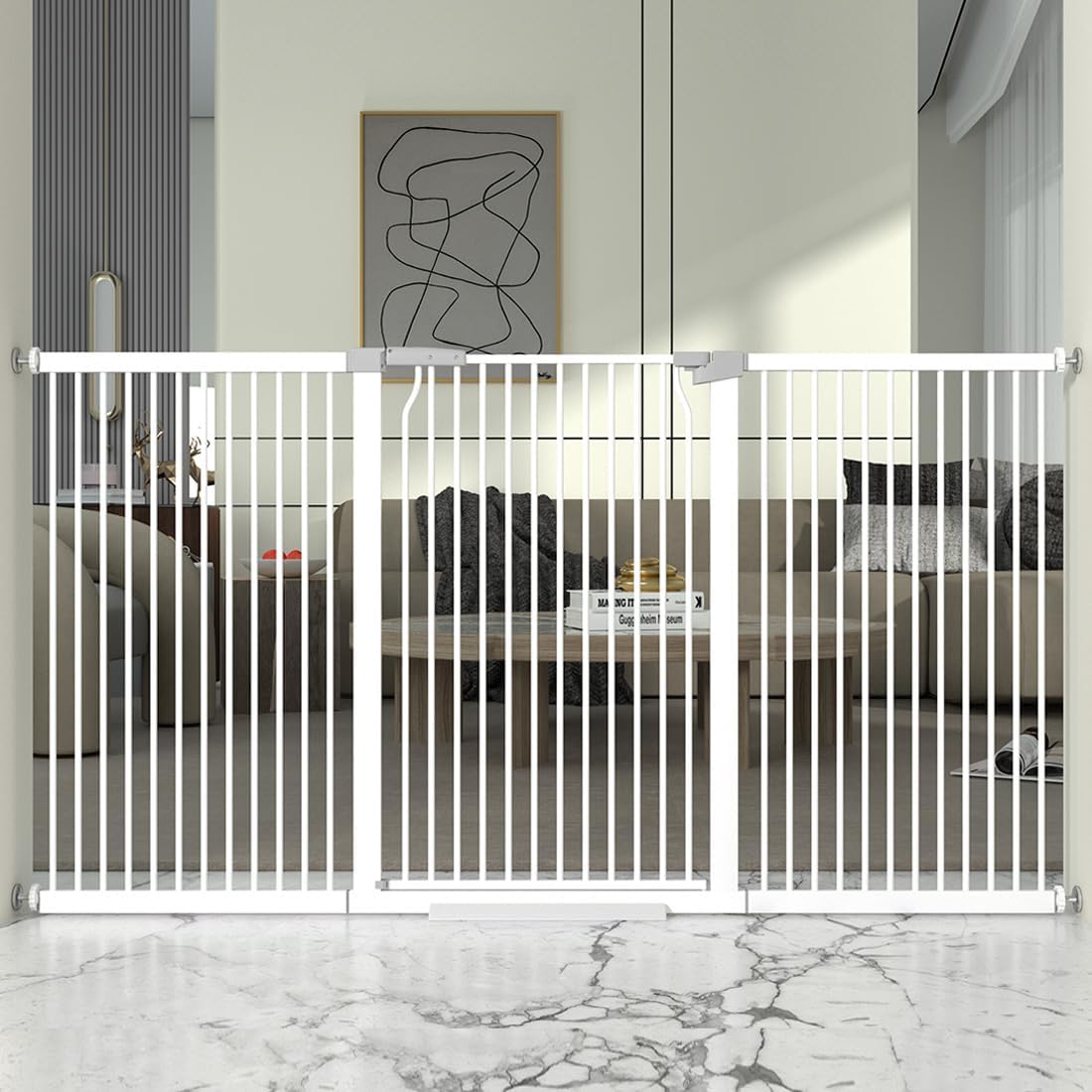 41" Extra Tall and Wide Baby Gate, 74.2-76.7'' Wide Pet Cat Gate for Doorway, Extra Wide Pressure Mounted Child Door with Expansion Kit, Metal Safe Gate, Tall Dog Gate, White
