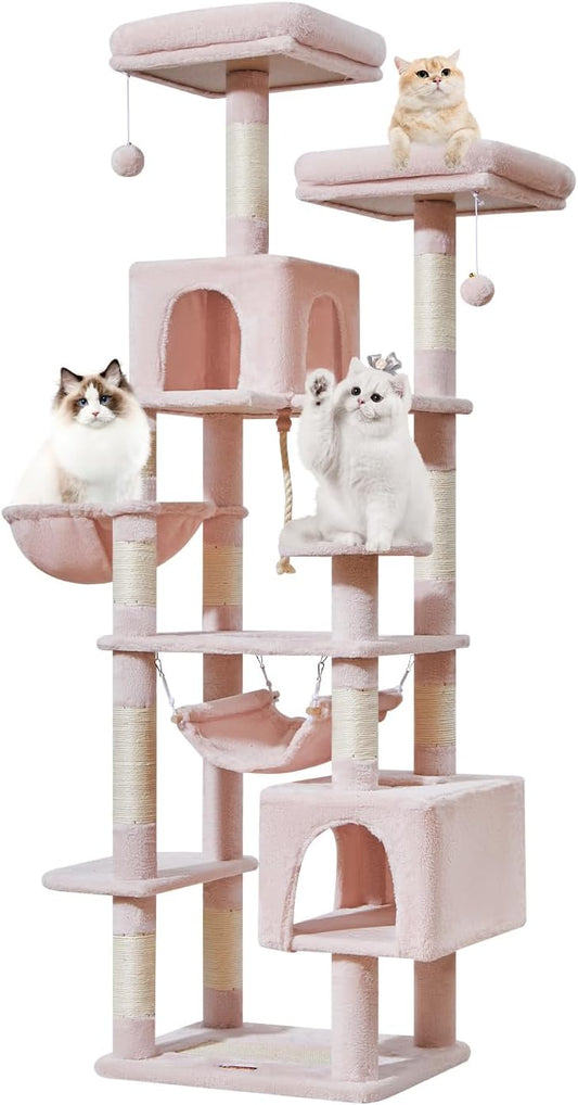 Taoqimiao Cat Tree, 71-Inch Cat Tree Cat Tower for Indoor Cats, Plush Multi-Level Cat Condo with 10 Scratching Posts, 2 Perches,Basket, 2 Caves,Hammock, 2 Pompoms,MS020P Jelly Pink