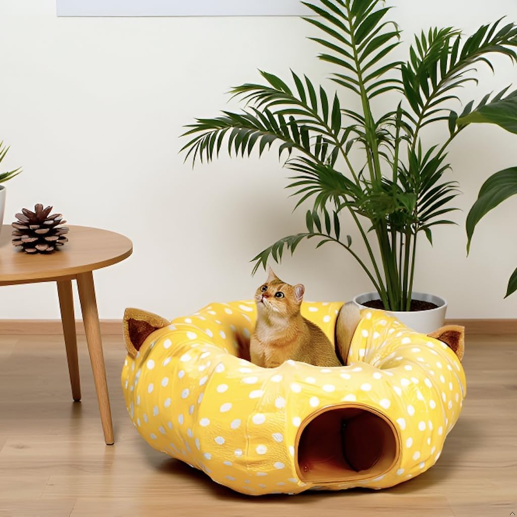 AUOON Cute Cat Donut Tunnel - Round Cat Tunnel Bed with Washable Cushion Interactive Cat Toy for Indoor Cats Kitten Kitty Puppy Rabbit Ferret (Yellow)