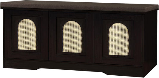 DINZI LVJ Shoe Bench, Entryway Storage Bench with Doors, Cushion, 2-Tier Shoe Rack with 6-Cubby, 39.4”L x 13.8”W Shoe Organizer Cabinet, Adjustable Shelf, Living Room, Bedroom, Espresso with Rattan