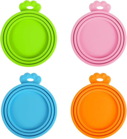 PetBonus 4 Pack Silicone Pet Can Cover Lids, Universal Size for Dog Cat Food, 1 fit 3 Standard Size Can Tops, BPA Free Dishwasher Safe (Blue, Green, Orange, Pink)