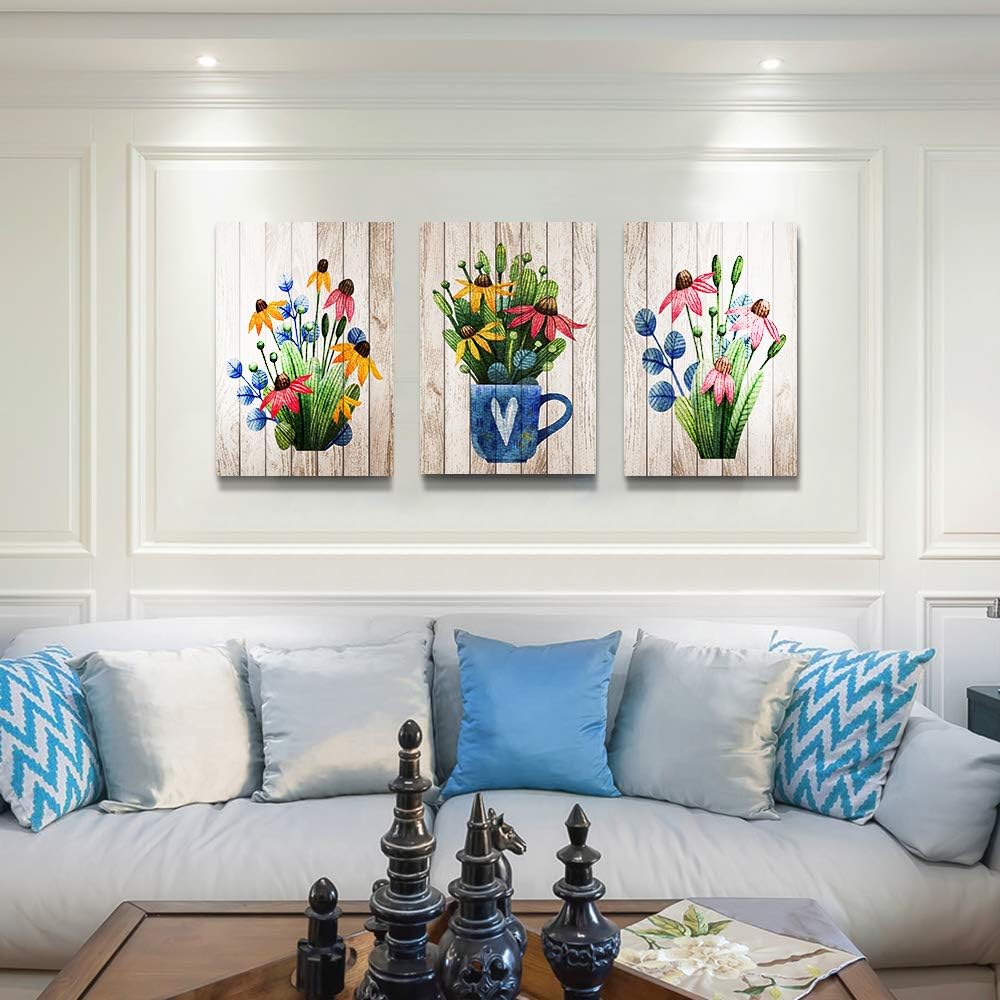 Canvas Wall Art For Kitchen Wall Decoration For Living Room Wall Decor For Bedroom Room Decor Vintage Wood Grain Plant Flowers Wall Painting Office Wall Pictures Artwork Home Decor 16" X 24" 3 Piece