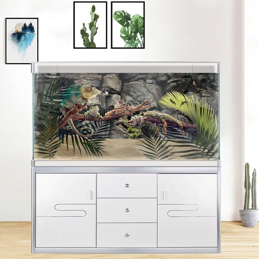 72X16IN Stone Aquarium Background, Rock Fish Tank Background, Natural Rocky Glass Terrarium Background with 8 EVA Double-Sided Tape