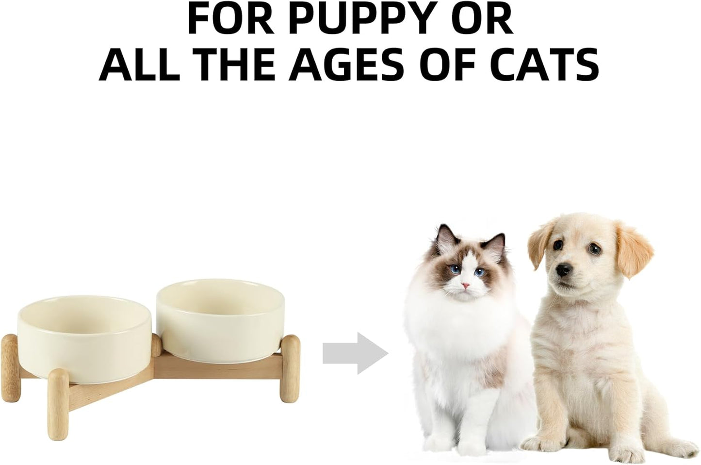 Ceramic 5.1inch Raised Double Bowls Set with Wooden Stand, Elevated Food & Water Bowls for Small Breed Dogs, Cats, Kitty, Weighted Dog Dishes, Pet Bowls(13.5oz, Beige)