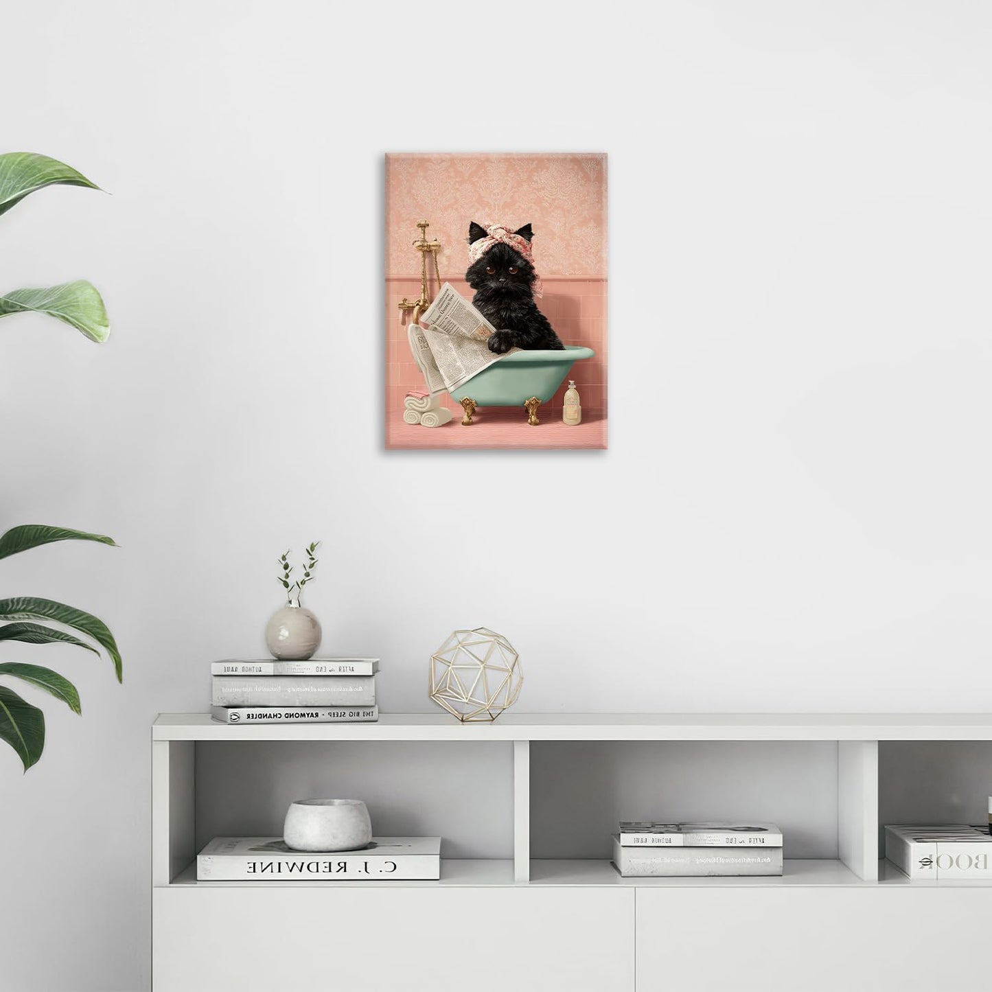Cat Bathroom Wall Decor Black Cat Reading Newspaper in Bathtub Canvas Wall Art Funny Bathroom Pictures Kitten Painting Print Pink Artwork Framed Decorations Gifts 12"x16"