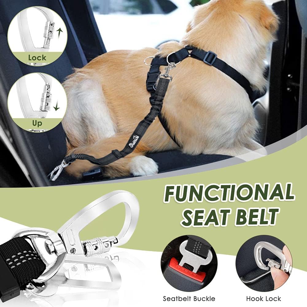 SlowTon Dog Seat Belt Harness for Car, Dog Car Harness Adjustable Mesh Breathable & Dog Seatbelt Safety Tether with Elastic Bungee for Small Medium Large Pets(Black, Double Clip, XXXS)