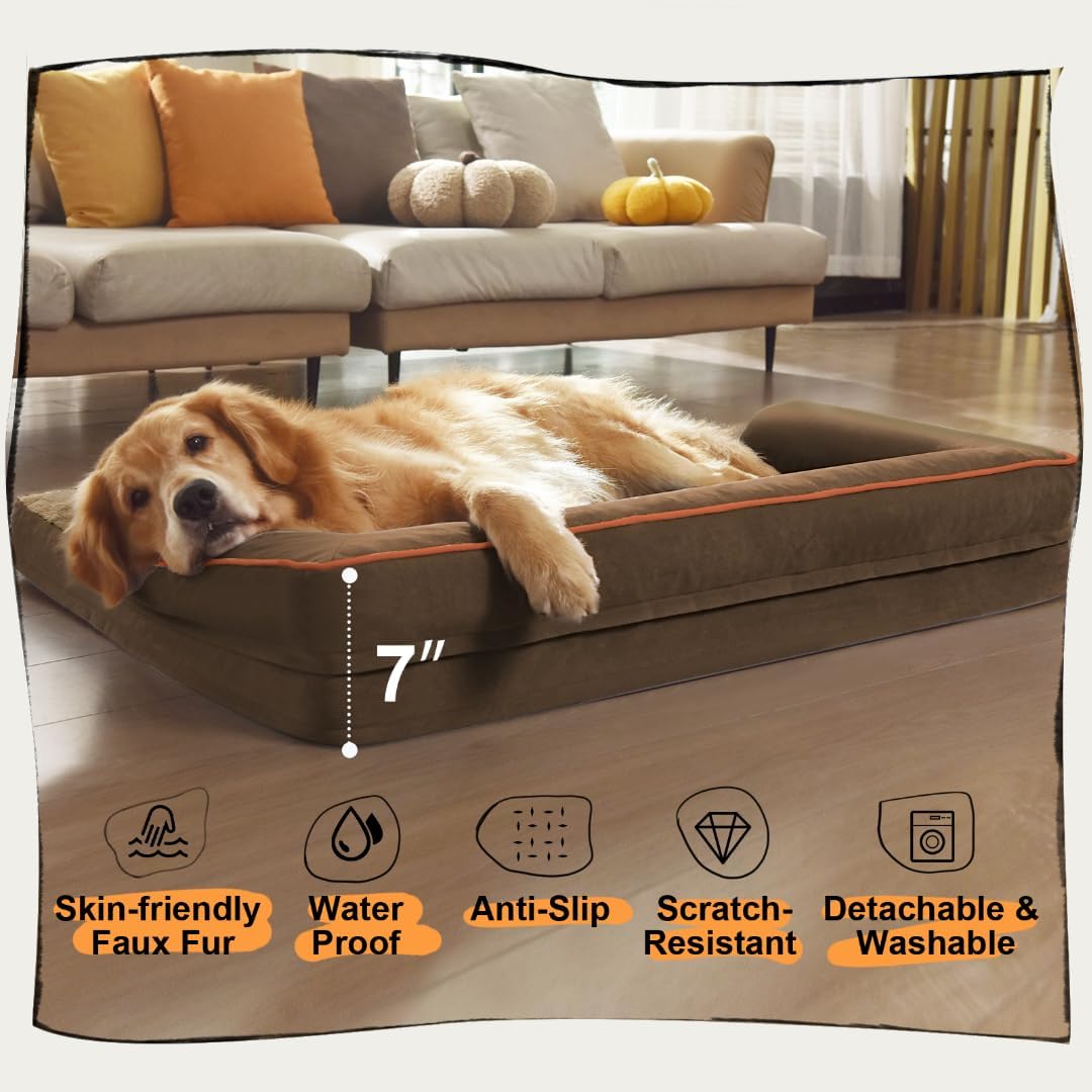 Large Dog Bed Orthopedic Washable: Extra Brown Large Big Dog Bed with Removable Bolster & Memory Foam Couch Sofa - Waterproof Washable with Cover