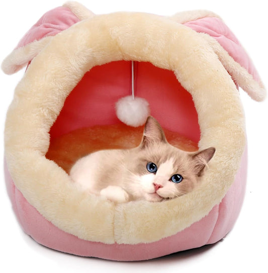 Lcybem Cat Beds for Indoor Cats - Rabbit-Shaped Cat Cave Bed with Hanging Toy,Super Soft Calming cat Tent for Kitten&Puppy,Small Dog,Warm Plush&Machine Washable&Removable Cotton Pad (Pink L)