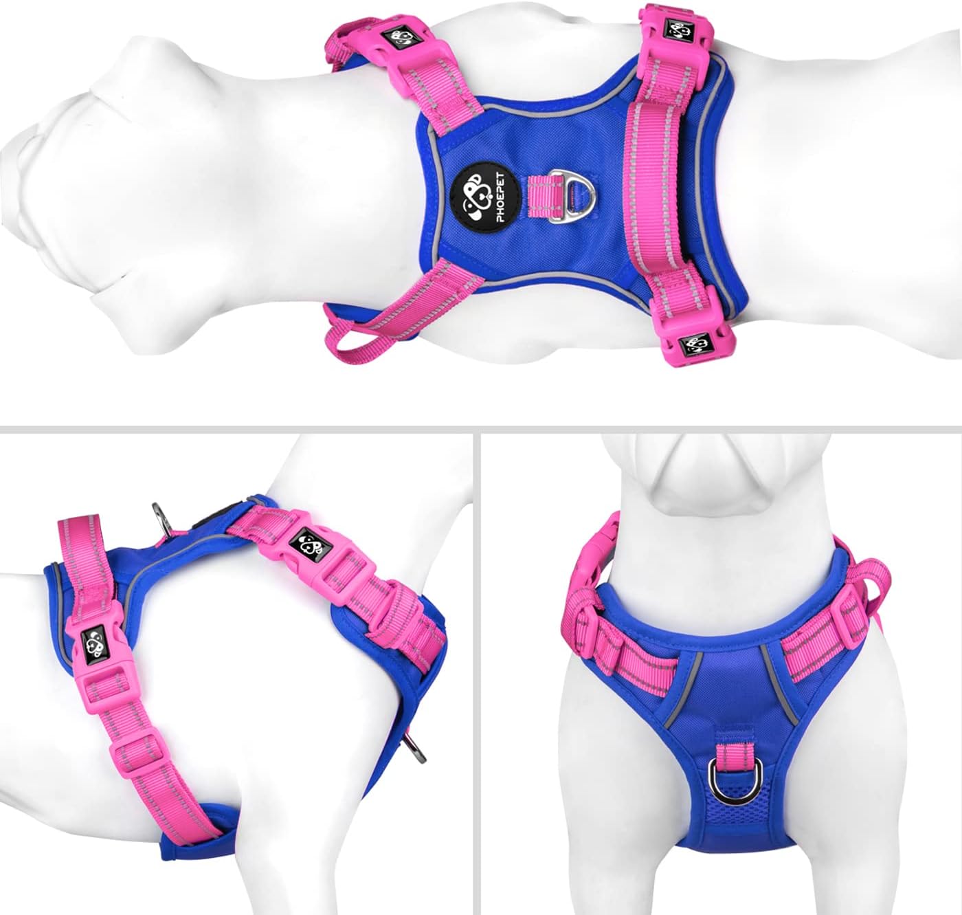 PHOEPET No Pull Dog Harness, Unique Colors Reflective Adjustable Dog Vest, with Soft Training Handle Metal Clips for Small Medium Large Dogs (Royal Blue Base & Pink Straps,XL)