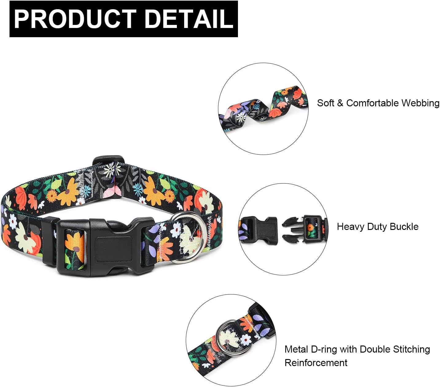 Mercano Adjustable Dog Collar - Special Design Patterns, Soft Nylon Comfortable Durable Pet Collar for Small Medium Large Dogs (M, Floral Orange)