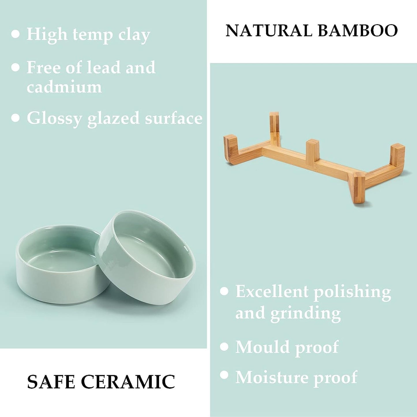 SPUNKYJUNKY Ceramic Dog and Cat Bowl Set with Wooden Stand, Modern Cute Weighted Food Water Set for Small Size Dogs (13.5OZ) & Medium Sized Dogs (28.7OZ) & Cats (1.7 Cups, 2 × Light Green)