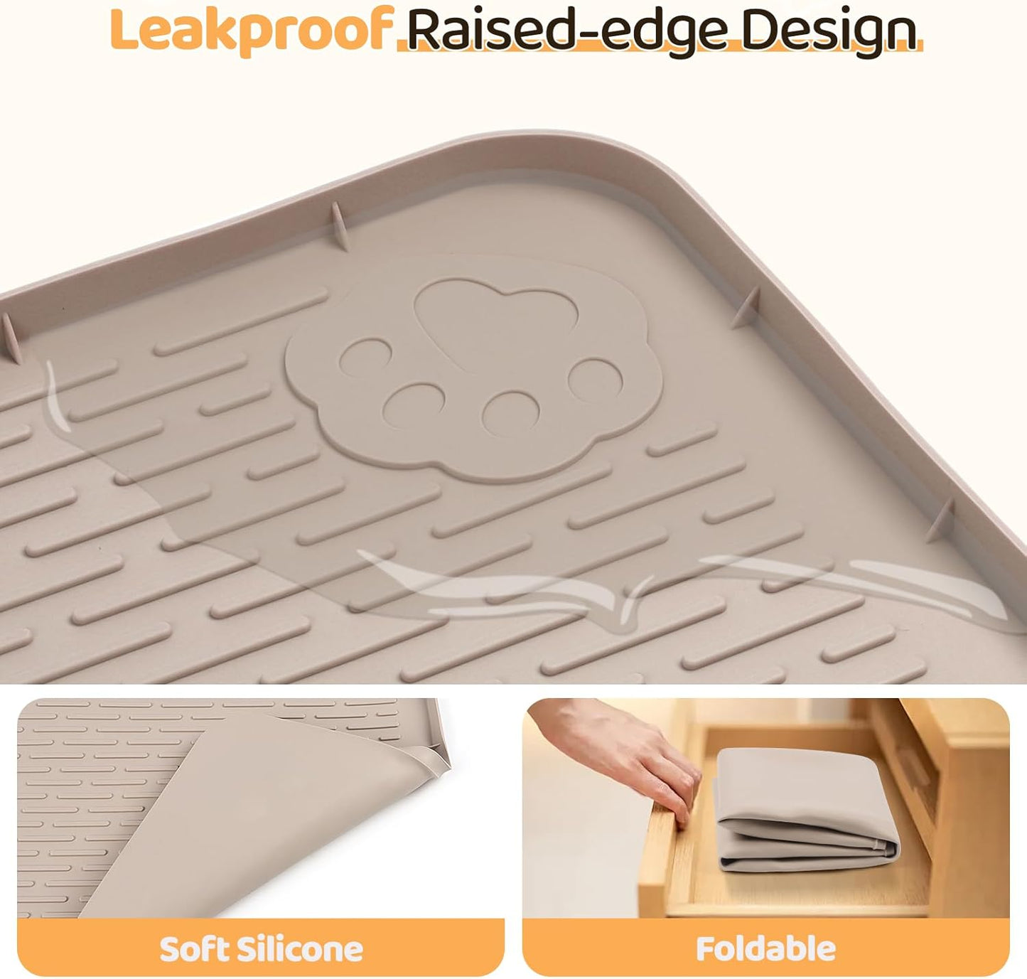 Dog Food Mat, Extra Large 40" x 28" Silicone Pet Feeding Mat for Small, Medium, and Large Pets Non-Slip, Easy to Clean, Khaki