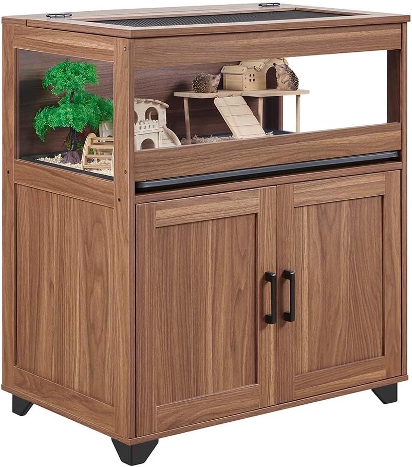 unipaws Hedgehog Cage with Storage Cabinet, Hamster Cage for Rat and Guinea Pigs, Clear Transparent PVC Visual Small Animal Cage with Tray, Hamster Enclosure, Walnut