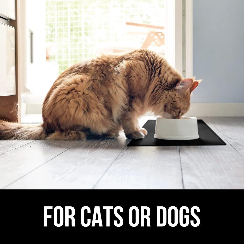 GORILLA GRIP 100% Waterproof Raised Edge BPA Free Silicone Pet Feeding Mat, Dog Cat Food Mats Contain Spills Protects Floors, Placemats for Cats and Dogs Water Bowl, Pets Accessories 28x18 Black