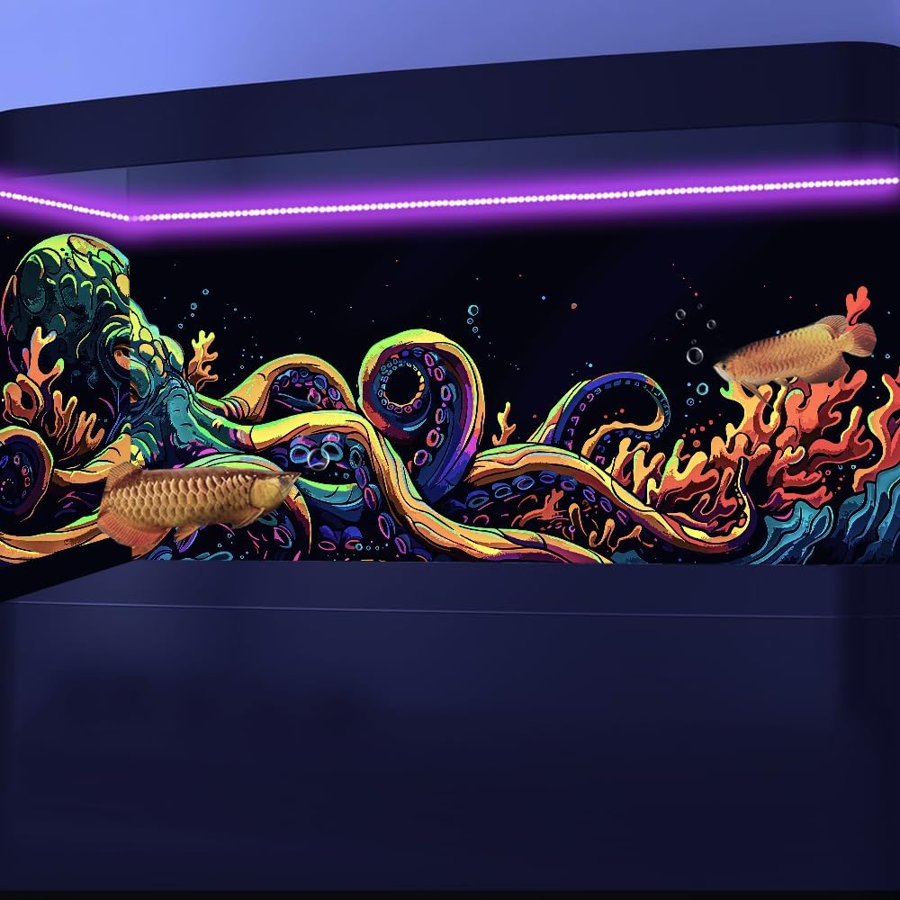 72X18IN Blacklight Octopus Sea Monster HD 3D Black Light Aquarium Background UV Reactive Background Terrarium Background with 10 EVA Double-Sided Tape