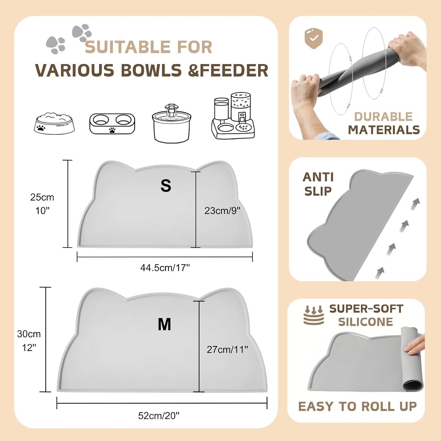 Cat Food Mat, Silicone Pet Feeding Mat for Floor Non-Slip Waterproof Dog Water Bowl Tray Cushion (20" x 12", MARRS Green)