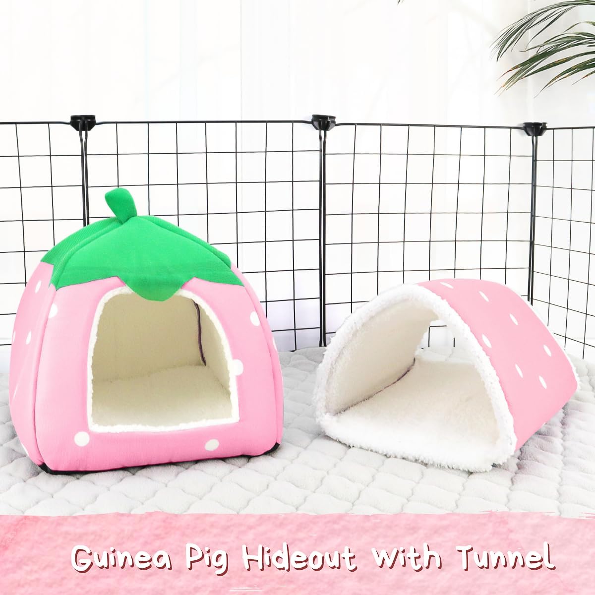 Guinea Pig Hideout with Tunnel, Washable Chinchilla House Bed, Fleece Hideaway, Enrichment Toys, and Cage Accessories for Ferret Hedgehog Small Animal