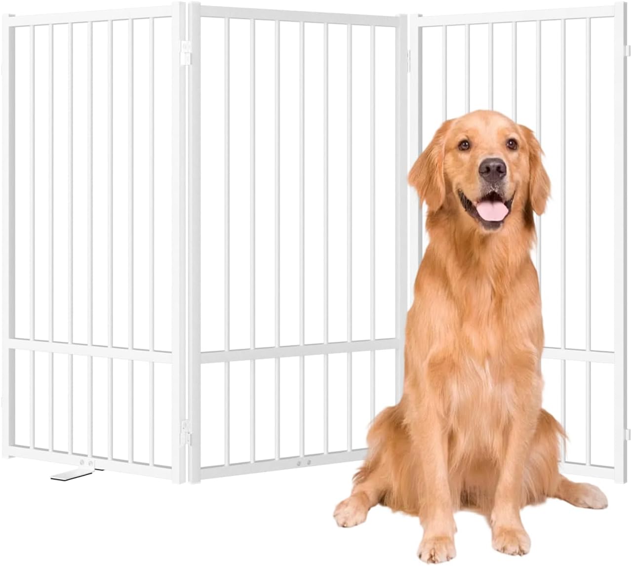 Full Metal Freestanding Dog Gate with Door, 36''Height Foldable Pet Dog Fence for Indoor & Outdoor, 3 Panels Extra Wide Free Standing TallDog Gates for Doorways,House,Stairs,Porch,Deck,Yard