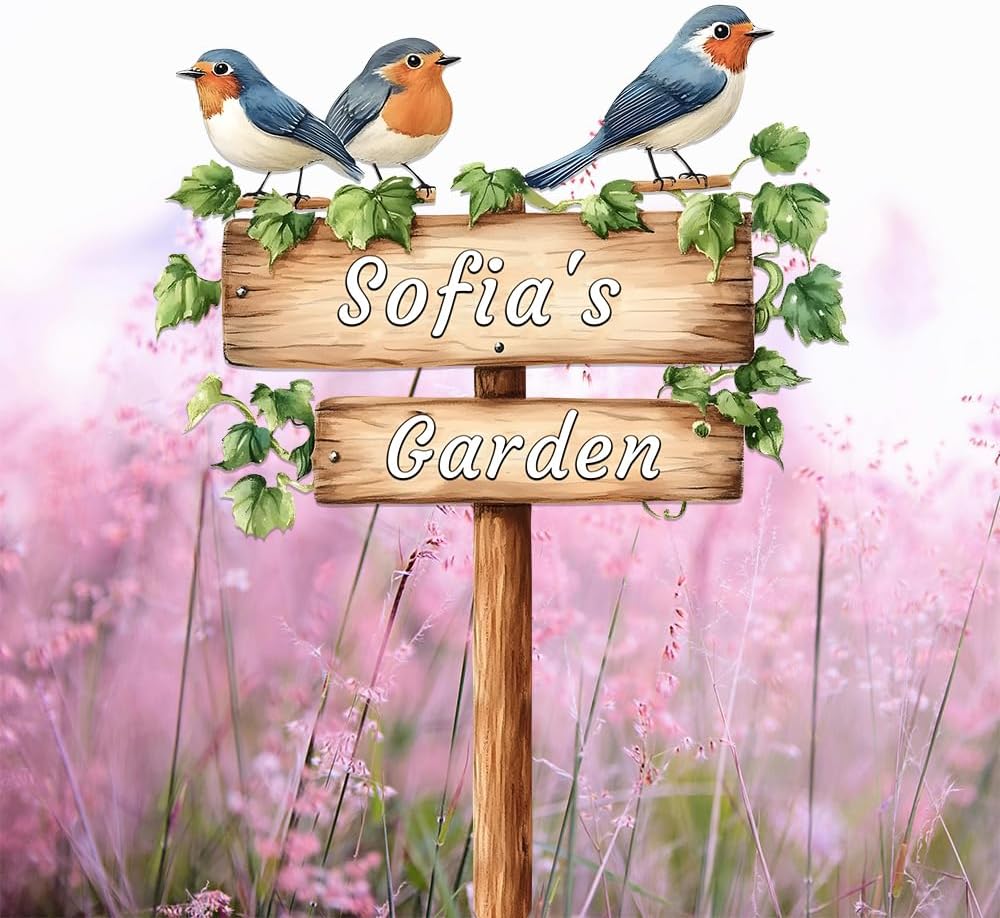 Personalized Bird Metal Sign with Stake,Custom Gardener Last Name Signs Outdoor Decor,Customized Flower Gardening Housewarming Gifts,Birds on the Branch Plaques for Patio Lawn Porch Backyard Farmhouse